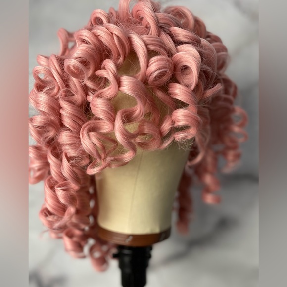 Pink Afro Curly Wig With Bangs - Picture 1 of 6